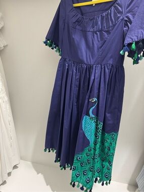 kate spade Navy Blue Peacock Print Dress with Green Tassels